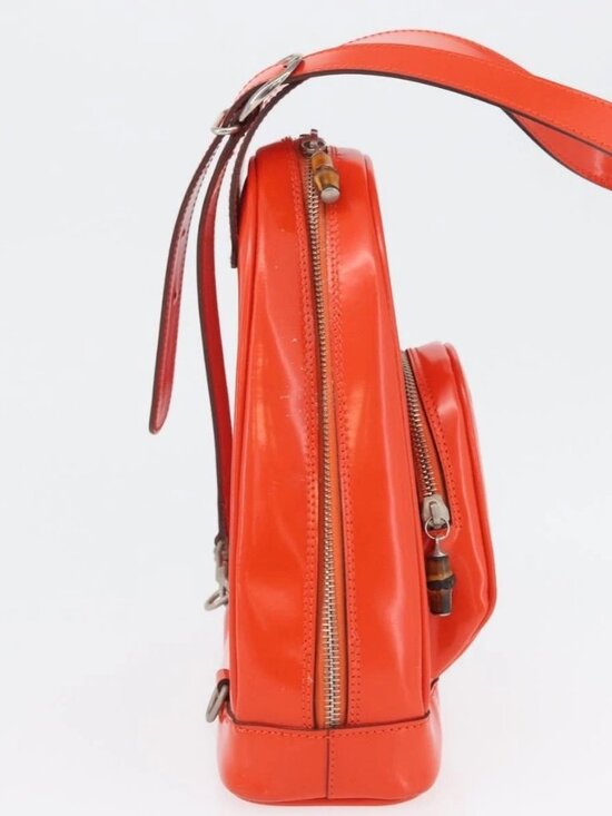 GUCCI Bamboo Shoulder Bag Patent leather Orange Silver 003 1998 0127 Auth
